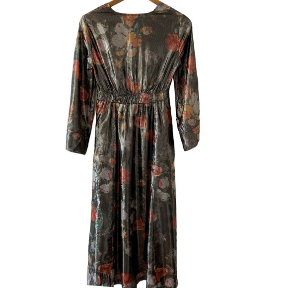 Anthropologie Caballero Metallic Floral Deep V-Neck Maxi Dress Brown Motif - Picture 6 of 16